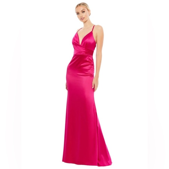 Mac Duggal Manhattan Wedding Prom Spaghetti Strap Pleated Bodice Long Dress - Picture 2 of 8